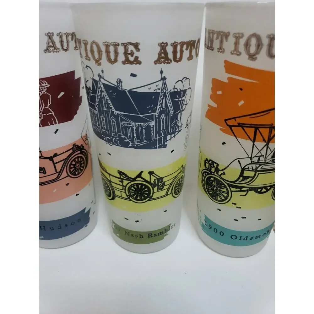 LOT OF 11 Autos cars Frosted Glasses Tumblers Vintage Highball MCM 60s Packard